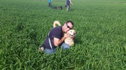 איש וכלב מאושרים מתחבקים בשדה ירוק בחוות הכלבים של דרור- אילוף כלבים, פנסיון כלבים